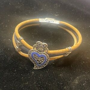 Vtg Cork & Leather Rope Three Strand Heart Charm Bracelet